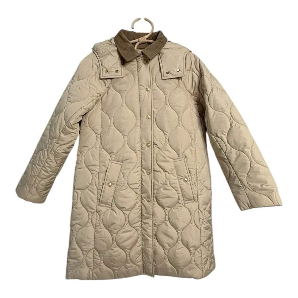 J Crew Khaki Long Signature Puffer Barn Corduroy Collar Lightweight Warm NEW